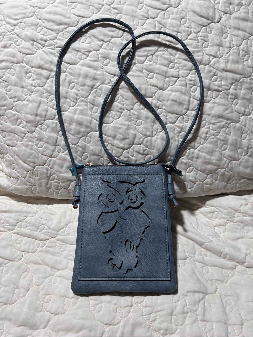 Memories Blue Faux Leather Owl Laser Cut Crossbody Cellphone Bag